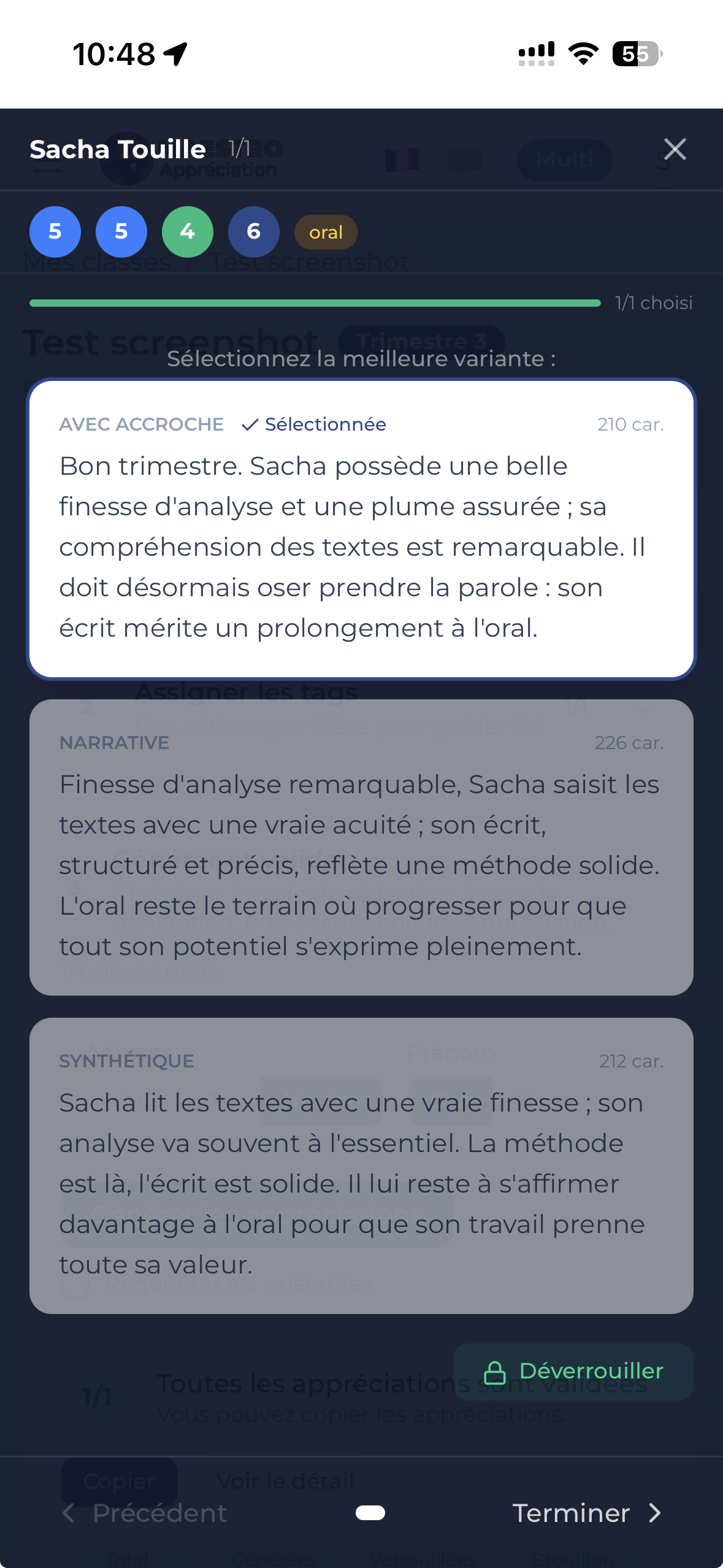 Maestro sur téléphone : l'évaluation de Sacha Touille par critères notés, et les axes d'amélioration à cocher.